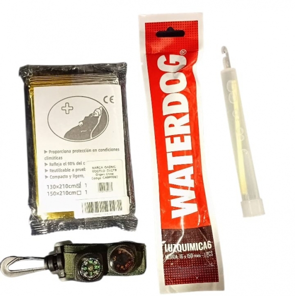 Manta térmica/ Luz química/ Brújula con termómetro